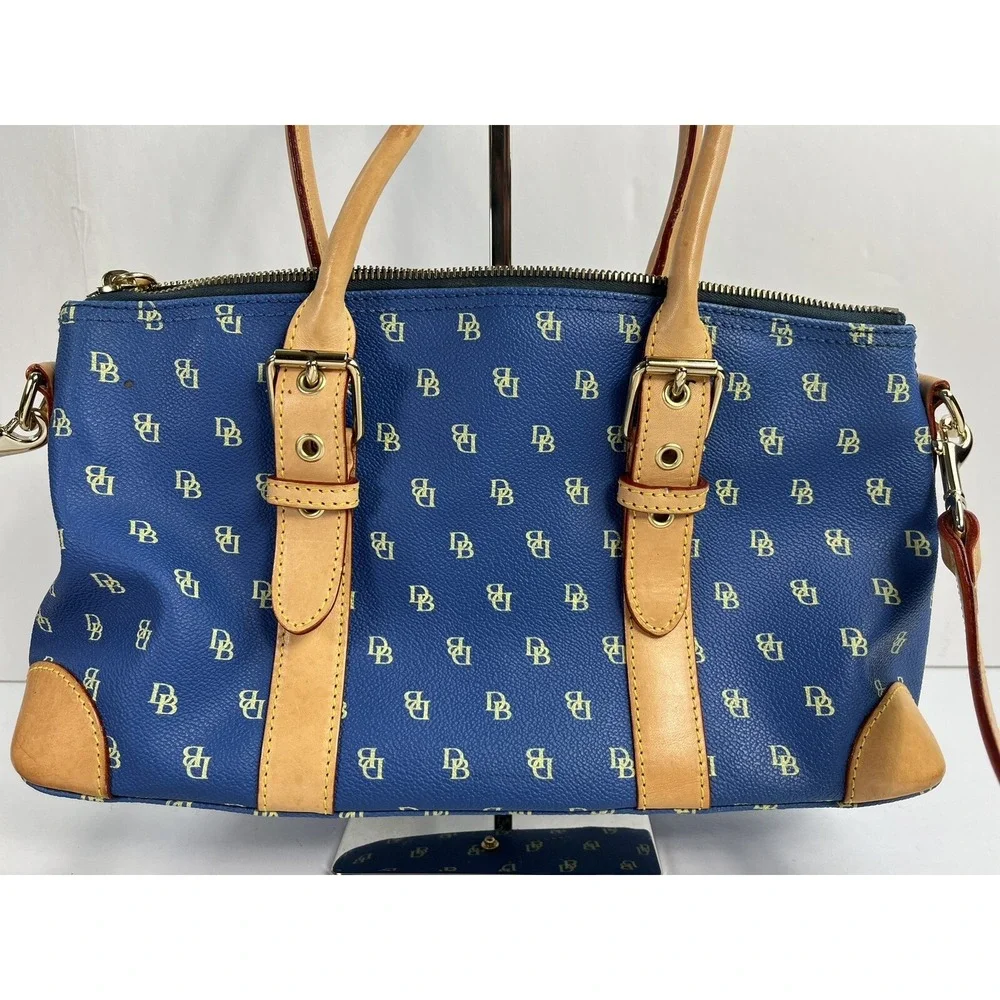 Dooney & Bourke Blue & Tan Monogram Satchel Purse w/ Wallet Glasses Case ID Hold